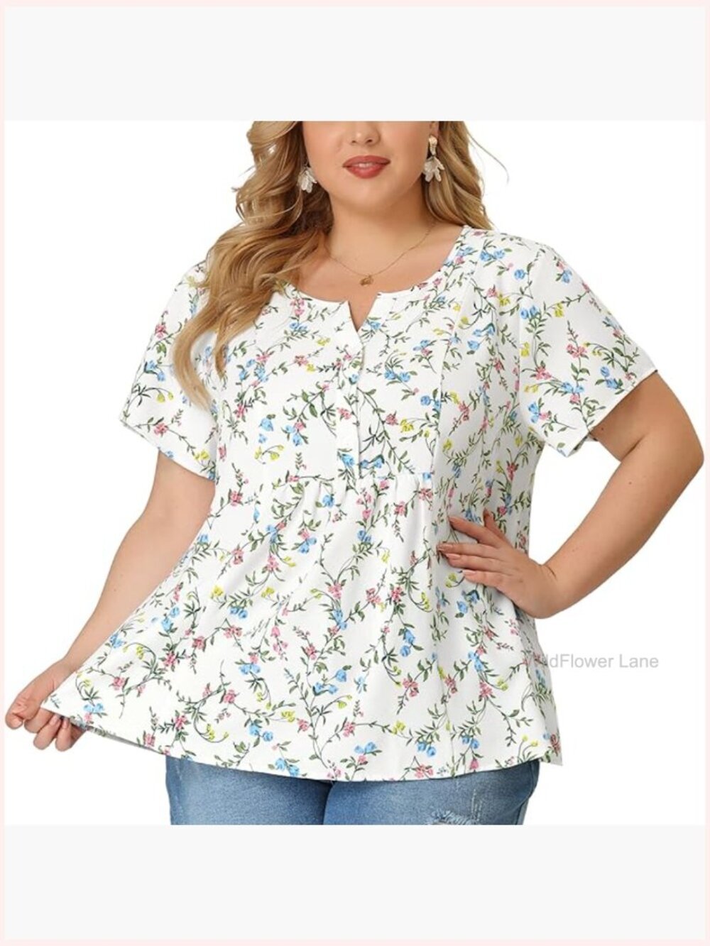 Plus Size Floral Half Placket Short Sleeve Blouse